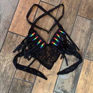 JValentine Rainbow Beaded Black Fringe Halter